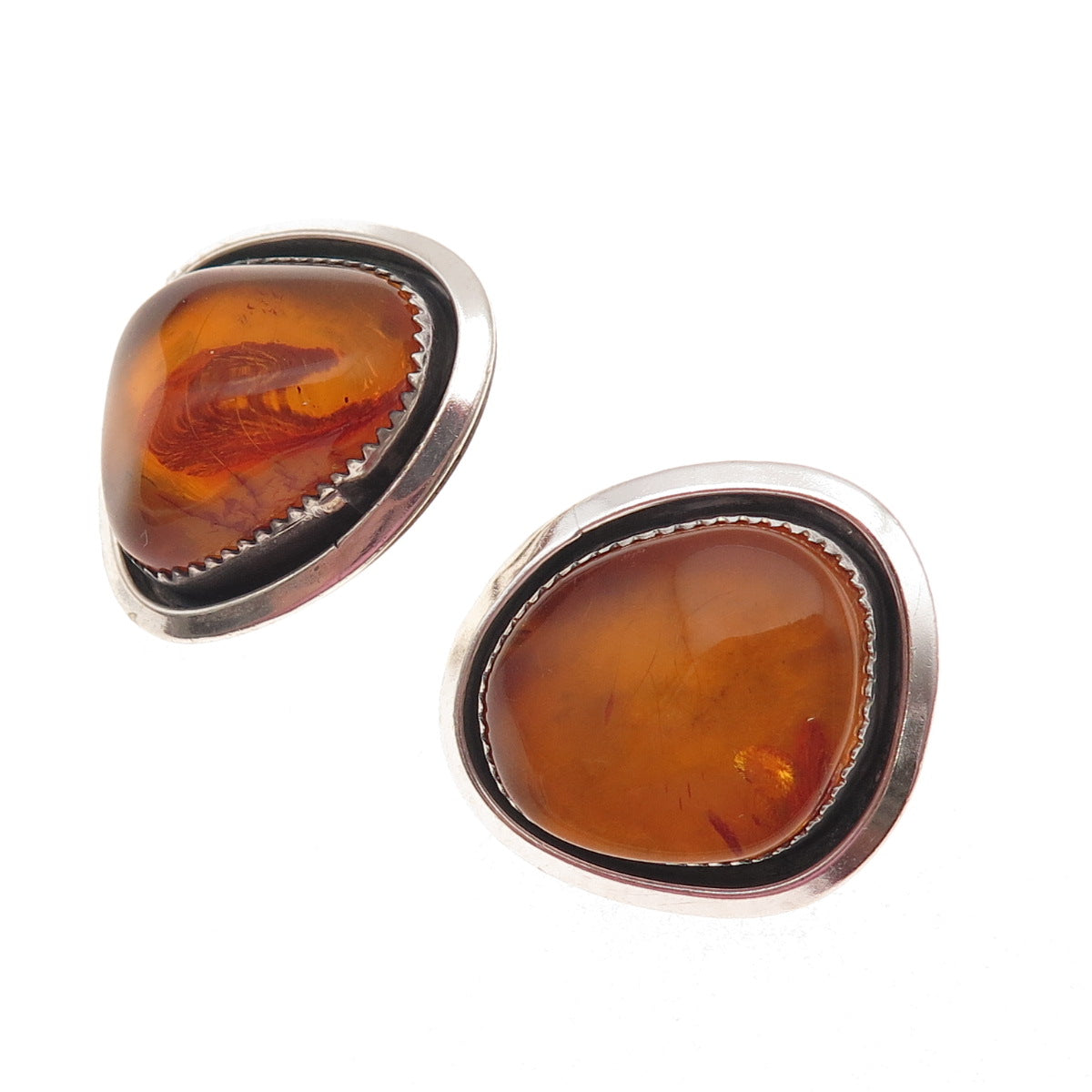 925 Sterling Silver Vintage Real Amber Modernist Oxidized Earrings