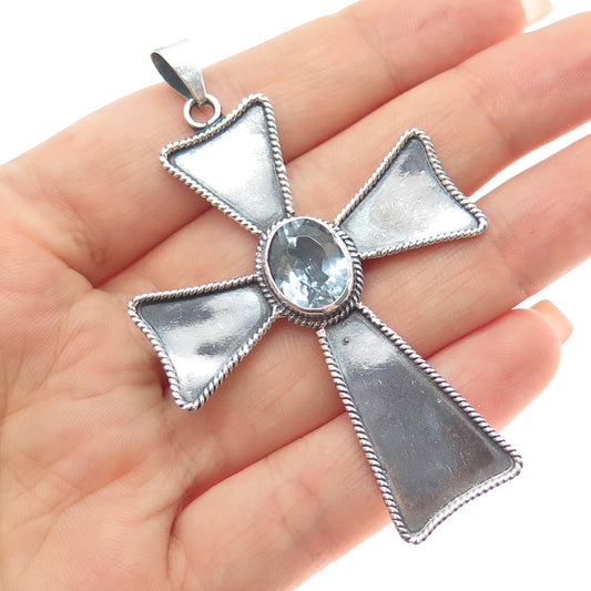 925 Sterling Silver Vintage Real Oval-Cut Blue Topaz Cross Oxidized Pendant