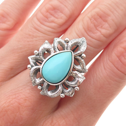 925 Sterling Silver Real Tyrone Turquoise Floral Oxidized Ring Size 8