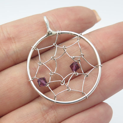 925 Sterling Silver Vintage Real Amethyst Gemstone Spiderweb Pendant