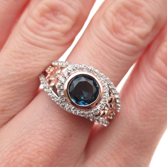 DSMK 925 Sterling Silver 2-Tone Real White Topaz & Blue C Z Ring Size 7.25