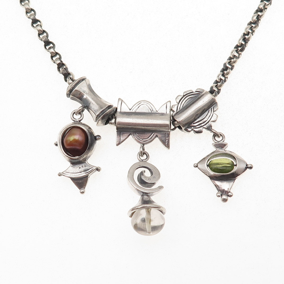 925 Sterling Silver Vintage Real Pearl Peridot Quartz Modernist Necklace 20"