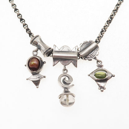 925 Sterling Silver Vintage Real Pearl Peridot Quartz Modernist Necklace 20"