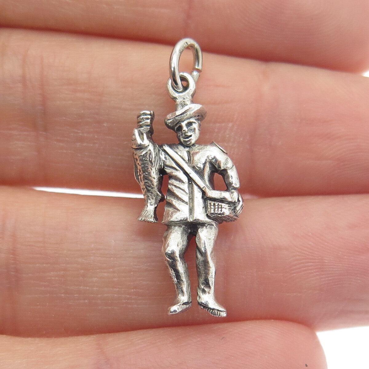 925 Sterling Silver Antique Art Deco Fisherman Minimalist 3D Charm Pendant