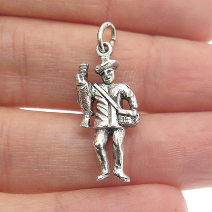 925 Sterling Silver Antique Art Deco Fisherman Minimalist 3D Charm Pendant