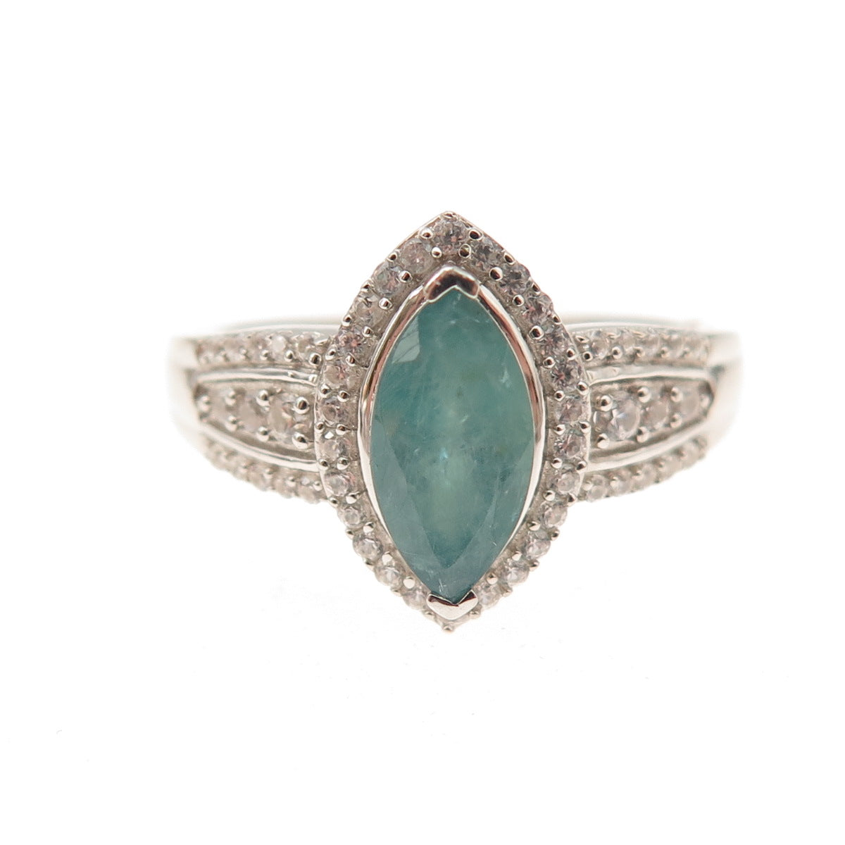 D'Joy 925 Sterling Silver Real Aquamarine & White Topaz Ring Size 8