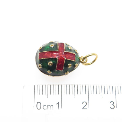 925 Sterling Silver Gold Plated Vintage Enamel Easter Egg Red Cross Pendant