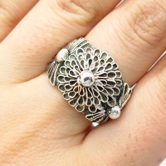 925 Sterling Silver Vintage Ornate Floral Ring Size 8.5