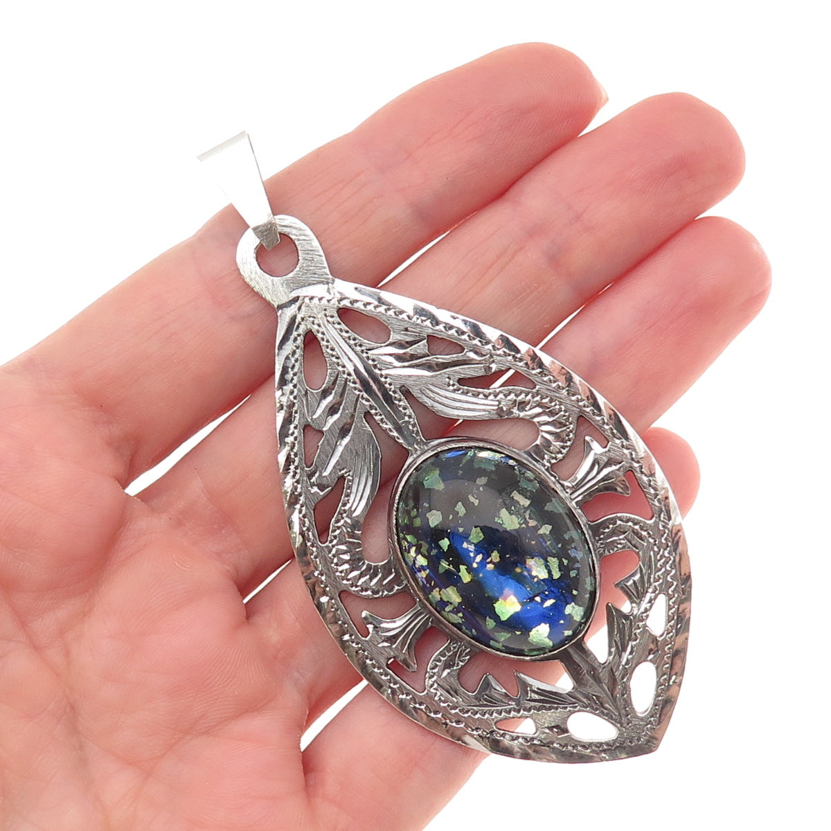 925 Sterling Silver Vintage Mexico Dichroic Glass Floral Oxidized Pendant
