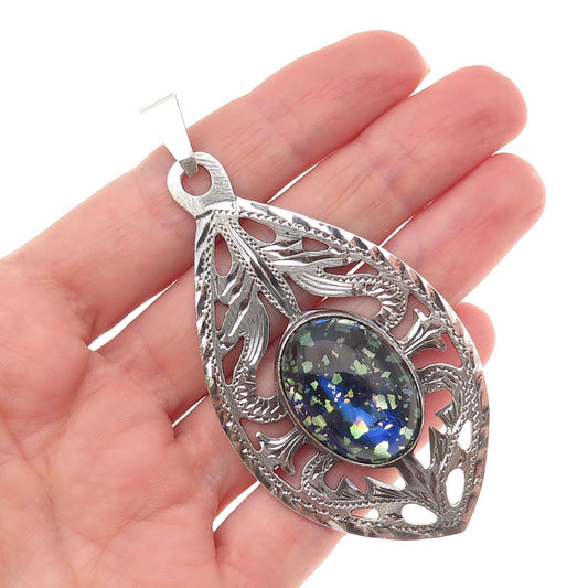 925 Sterling Silver Vintage Mexico Dichroic Glass Floral Oxidized Pendant