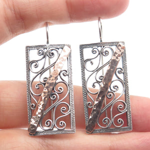 925 Sterling Silver 2-Tone Vintage Modernist Hammered Ornate Earrings