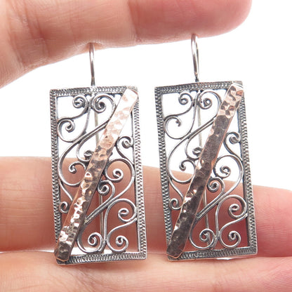925 Sterling Silver 2-Tone Vintage Modernist Hammered Ornate Earrings