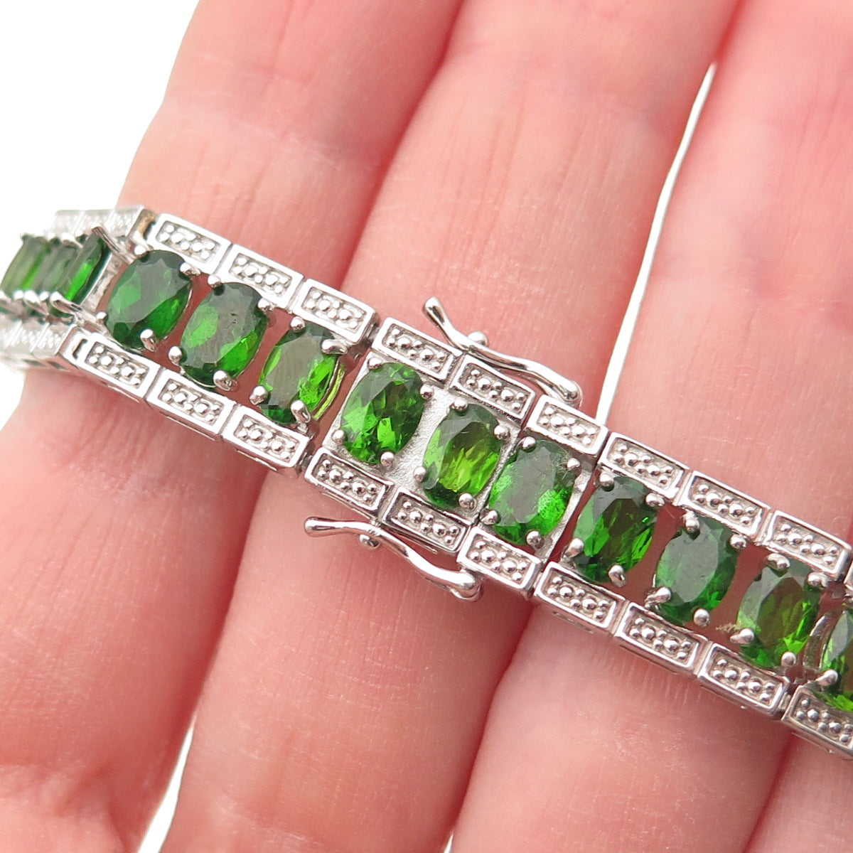 925 Sterling Silver Real Oval-Cut Peridot Panel Link Bracelet 7"