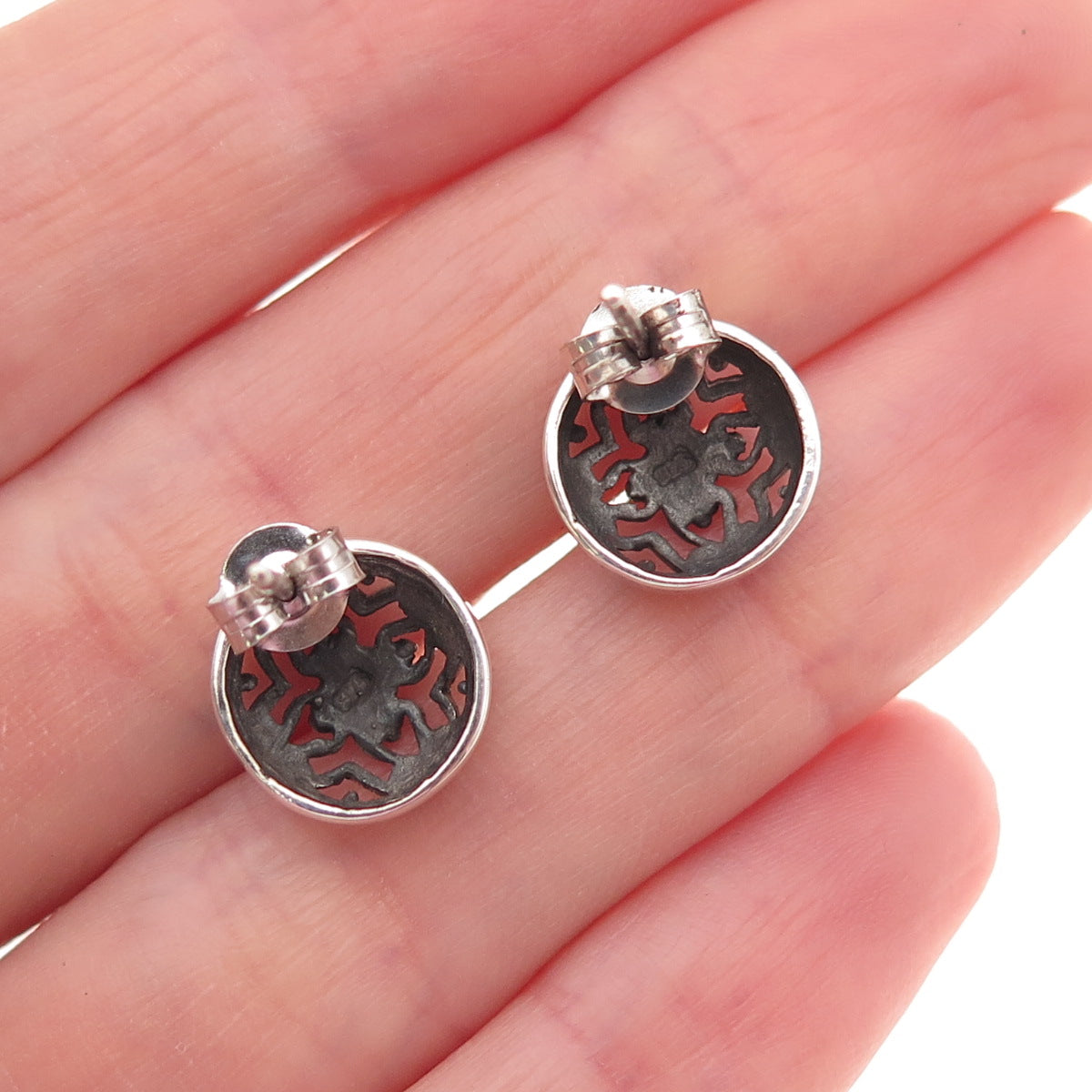 925 Sterling Silver Vintage Heart Cross Disc Oxidized Stud Earrings