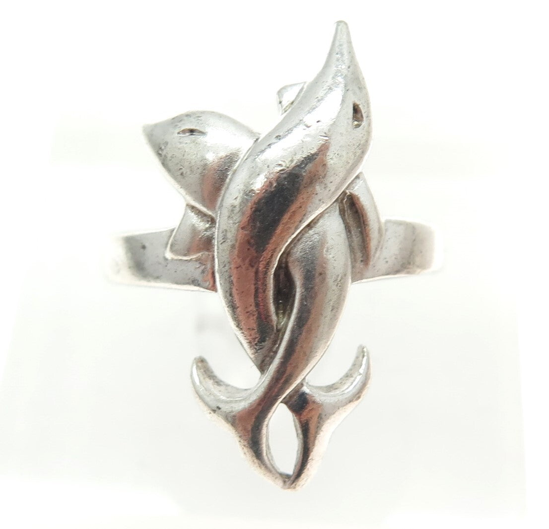 925 Sterling Silver Vintage Dolphin Couple Modernist Ring Size 7.25