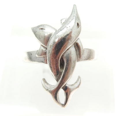 925 Sterling Silver Vintage Dolphin Couple Modernist Ring Size 7.25