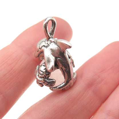 925 Sterling Silver Vintage Real Rose Quartz Dolphin Oxidized Charm Pendant