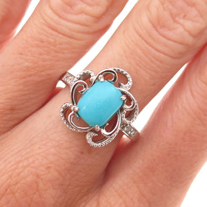 925 Sterling Silver Real Sleeping Beauty Turquoise & Topaz Floral Ring Size 8