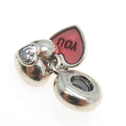 PANDORA 925 Sterling Silver C Z Enamel Me & You Dangle Heart Charm