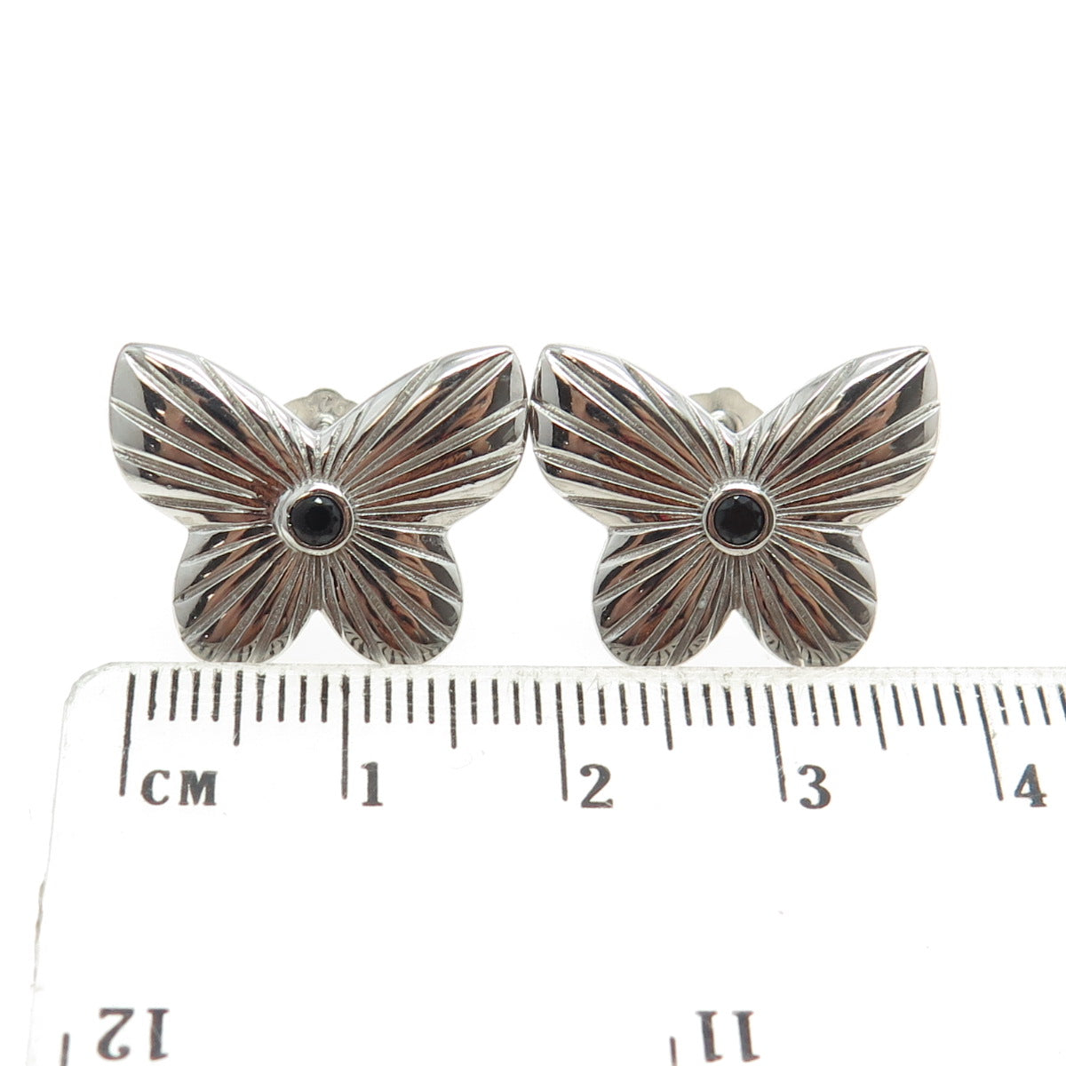 925 Sterling Silver Black C Z Butterfly Ribbed Stud Earrings