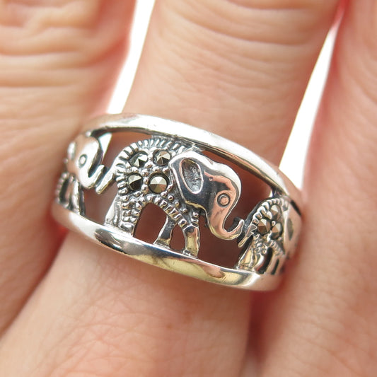 925 Sterling Silver Vintage Real Marcasite Elephant Oxidized Ring Size 9.25
