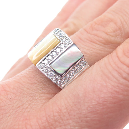 925 Sterling Silver Real Abalone Shell MOP & C Z Ring Size 9.5