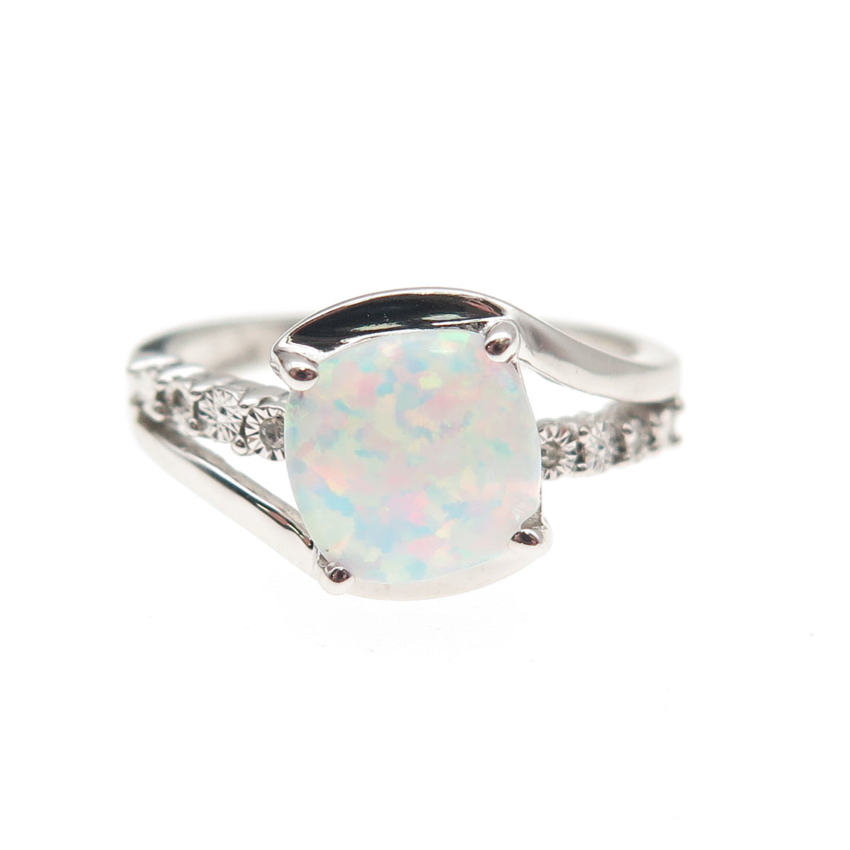 925 Sterling Silver Real Round-Cut Diamond & Cushion-Cut Opal Ring Size 7.25
