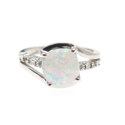 925 Sterling Silver Real Round-Cut Diamond & Cushion-Cut Opal Ring Size 7.25