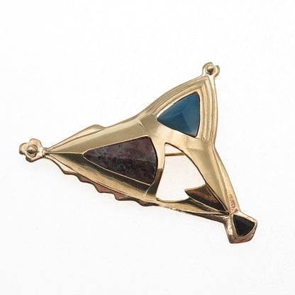 925 Sterling Silver Gold Plated Vintage Real Agate & Onyx Modernist Pin Brooch