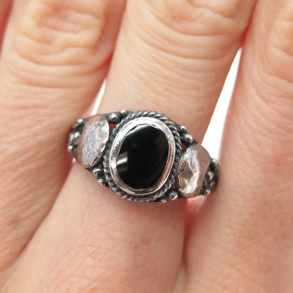 925 Sterling Silver Vintage Real Black Onyx Crescent Oxidized Ring Size 8.75