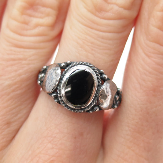 925 Sterling Silver Vintage Real Black Onyx Crescent Oxidized Ring Size 8.75