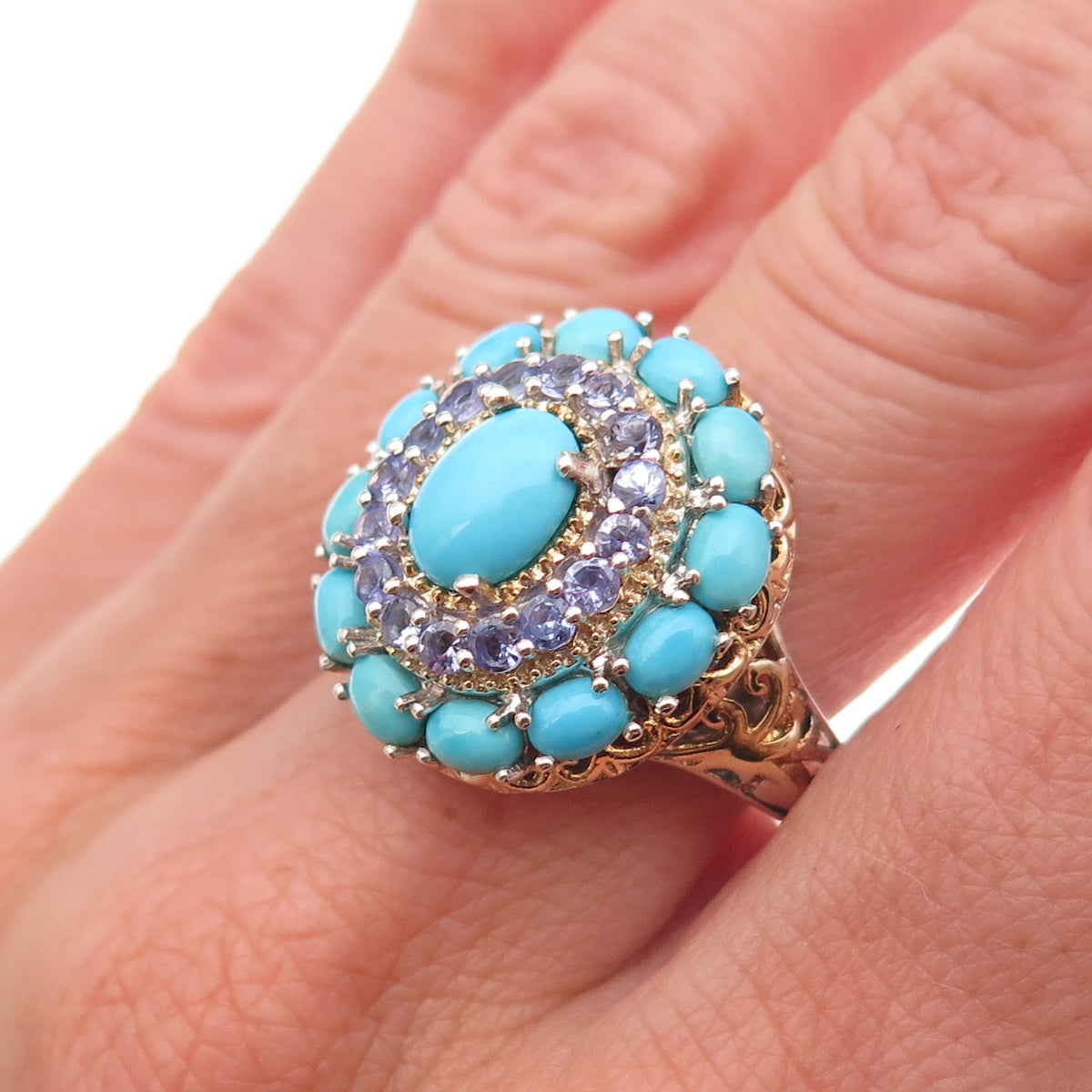 Chuck Clemency Sterling Silver 2-Tone Real Turquoise & Tanzanite Ring Size 8.25