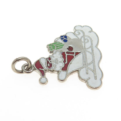 925 Sterling Silver Antique Art Deco Colorful Enamel Santa in a Sleigh Pendant