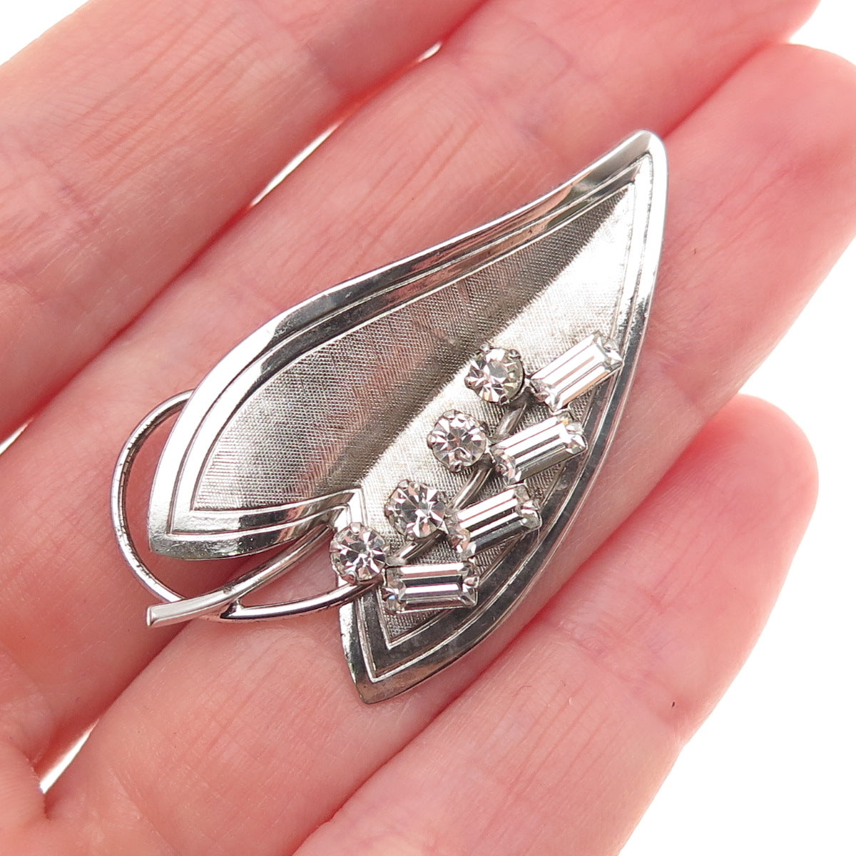 925 Sterling Silver Antique Art Deco Rhinestone Floral Leaf Pin Brooch