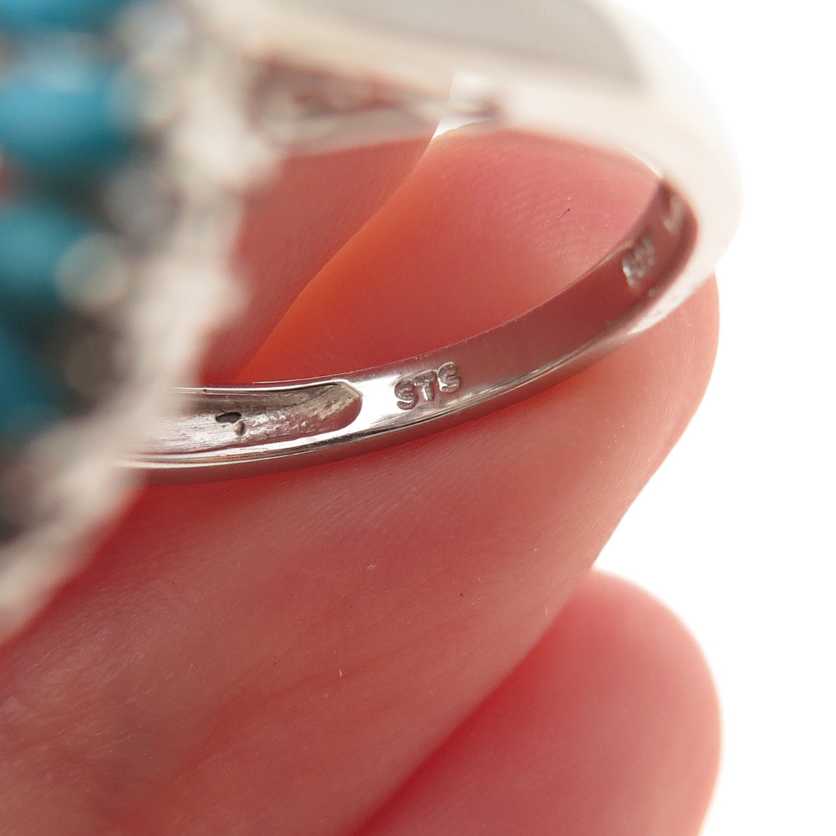 Chuck Clemency Sterling Silver Real Turquoise Pink & White Topaz Ring Size 8.25