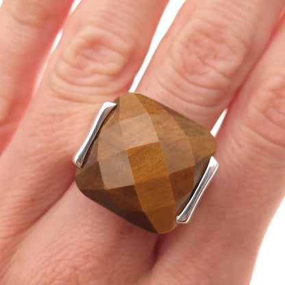 Lydia 925 Sterling Silver Vintage Real Tiger Eye Modernist Ring Size 7.25
