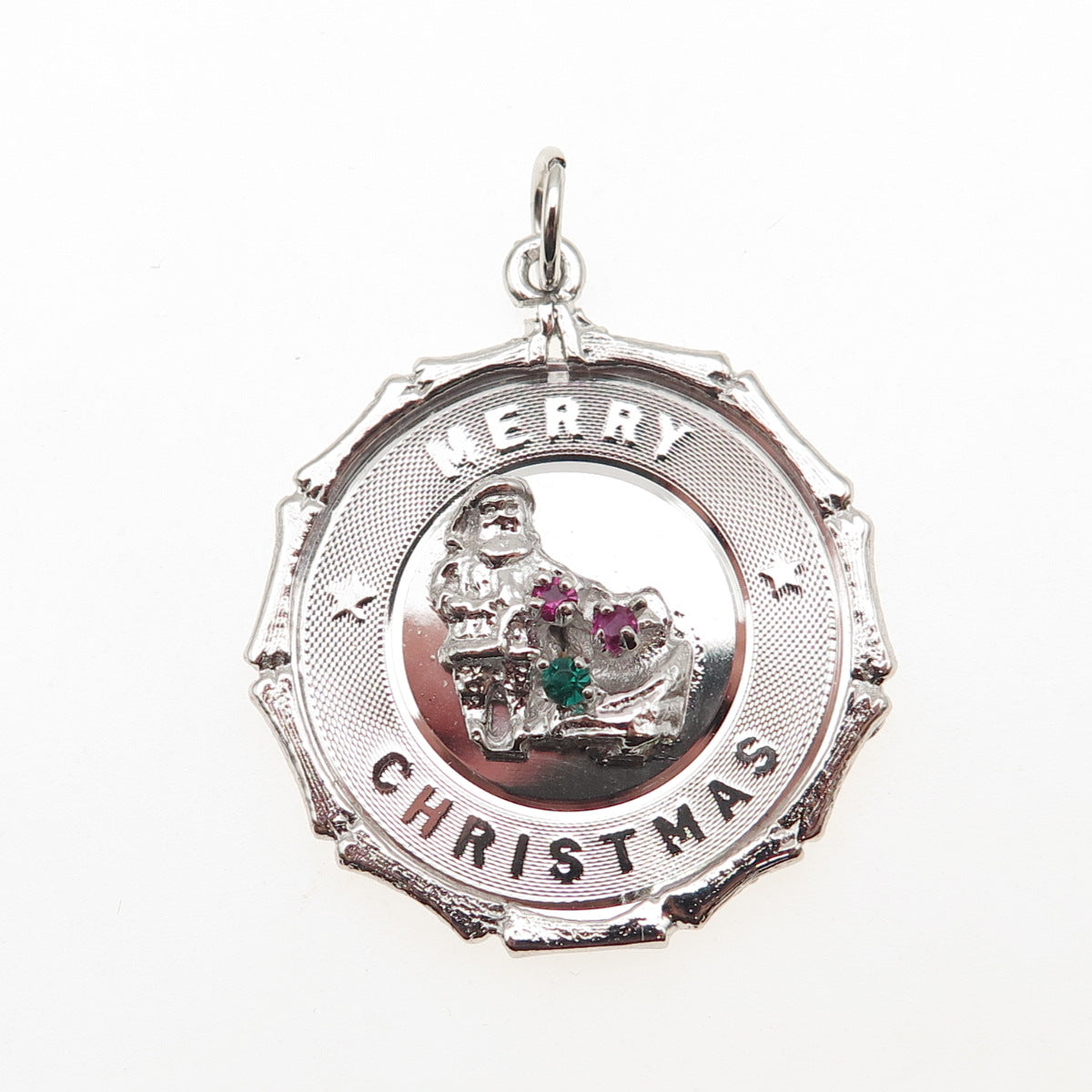 925 Sterling Silver Vintage Rhinestone Santa Merry Christmas Charm Pendant