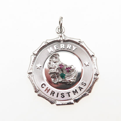 925 Sterling Silver Vintage Rhinestone Santa Merry Christmas Charm Pendant