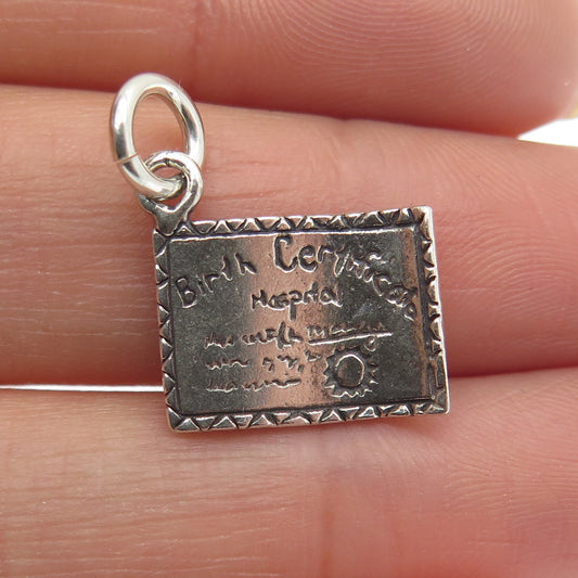 SUN WEST 925 Sterling Silver Vintage Birth Certificate Minimalist Charm Pendant