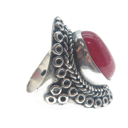 925 Sterling Silver Vintage Real Rhodonite Circle Link Oxidized Ring Size 9
