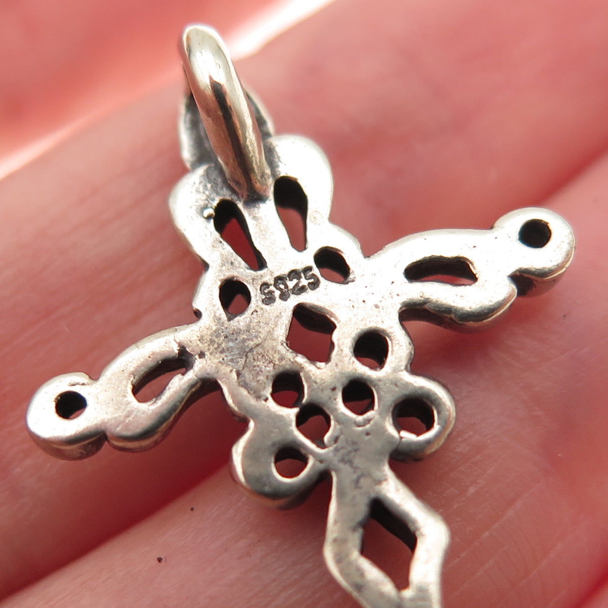 925 Sterling Silver Vintage Fleur de Lis Cross Oxidized Slide Pendant