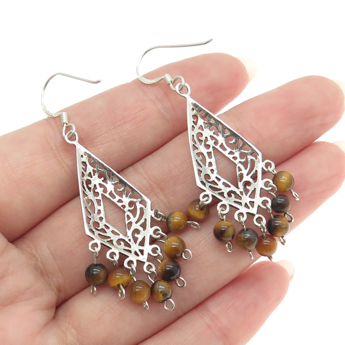 925 Sterling Silver Vintage Real Tiger Eye Gemstone Ornate Chandelier Earrings