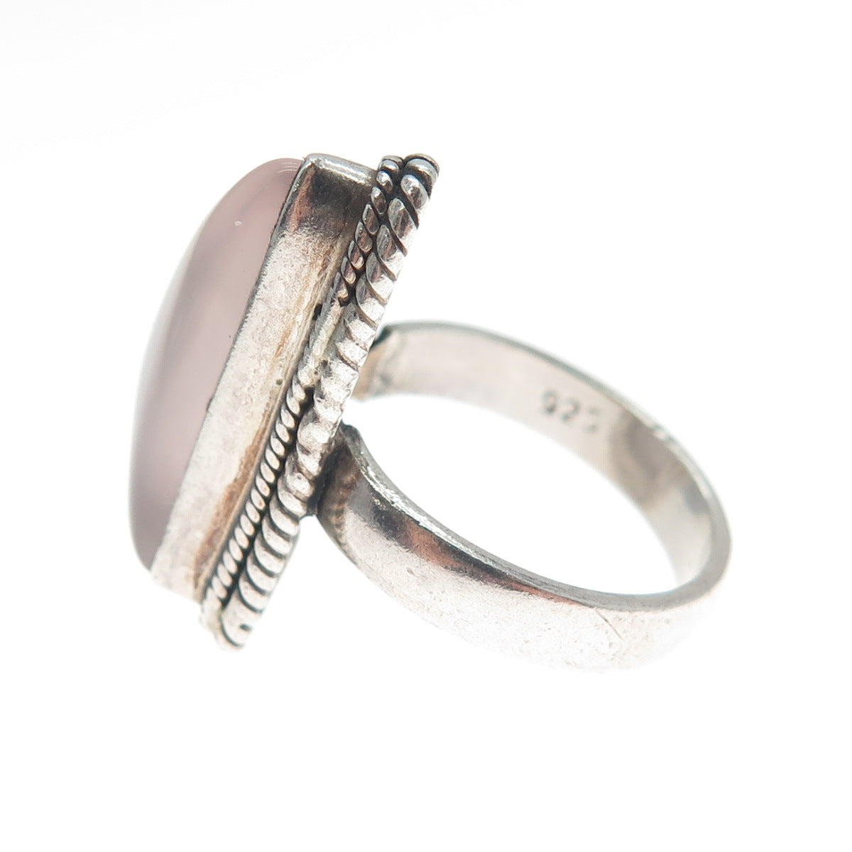 925 Sterling Silver Vintage Real Rose Quartz Modernist Shark Fin Ring Size 6.5