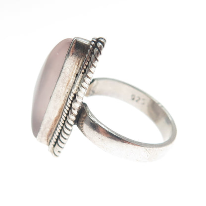 925 Sterling Silver Vintage Real Rose Quartz Modernist Shark Fin Ring Size 6.5