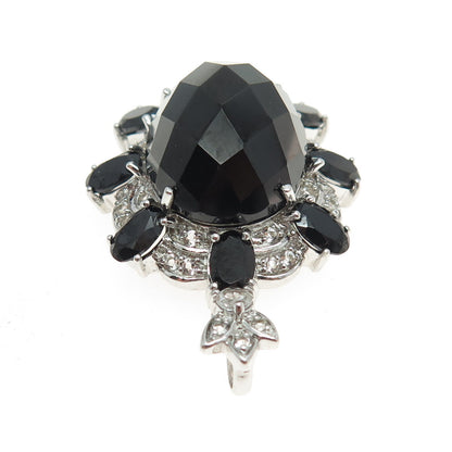 925 Sterling Silver Real Oval-Cut Black Spinel & White Topaz Pendant