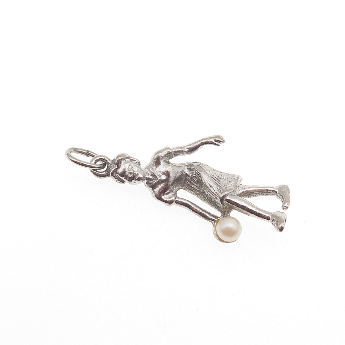 925 Sterling Silver Vintage Real Pearl Female Bowler Oxidized Charm Pendant