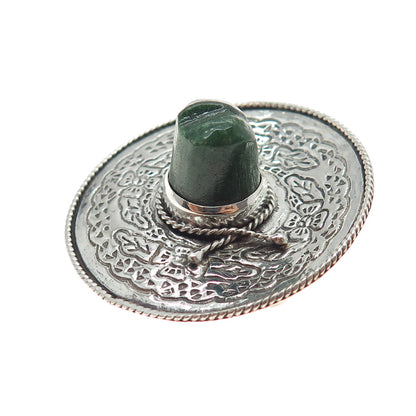 925 Sterling Silver Vintage Mexico Real Jade Sombrero Hat Oxidized Pin Brooch