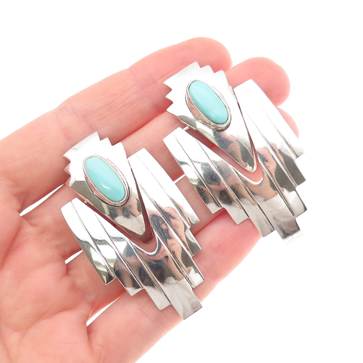 Old Pawn Sterling Silver Vintage Southwestern Tyrone Turquoise Tribal Earrings