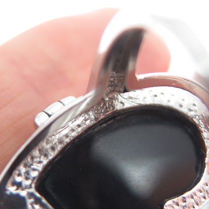 925 Sterling Silver Real Black Onyx Gem & C Z Heart Cutout Locket Ring Size 7