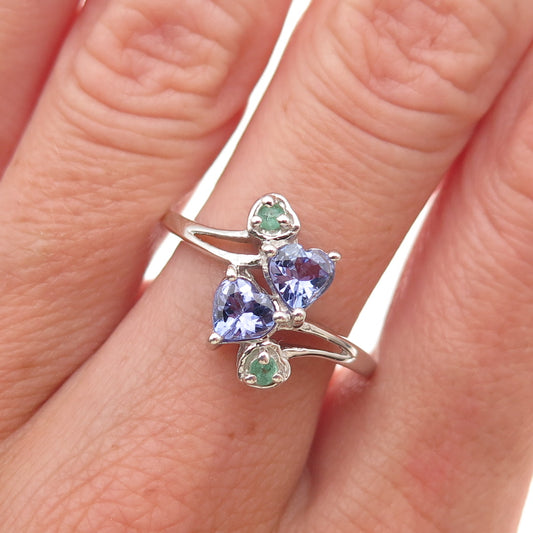 Chuck Clemency 925 Sterling Silver Real Tanzanite & Emerald Heart Ring Size 8